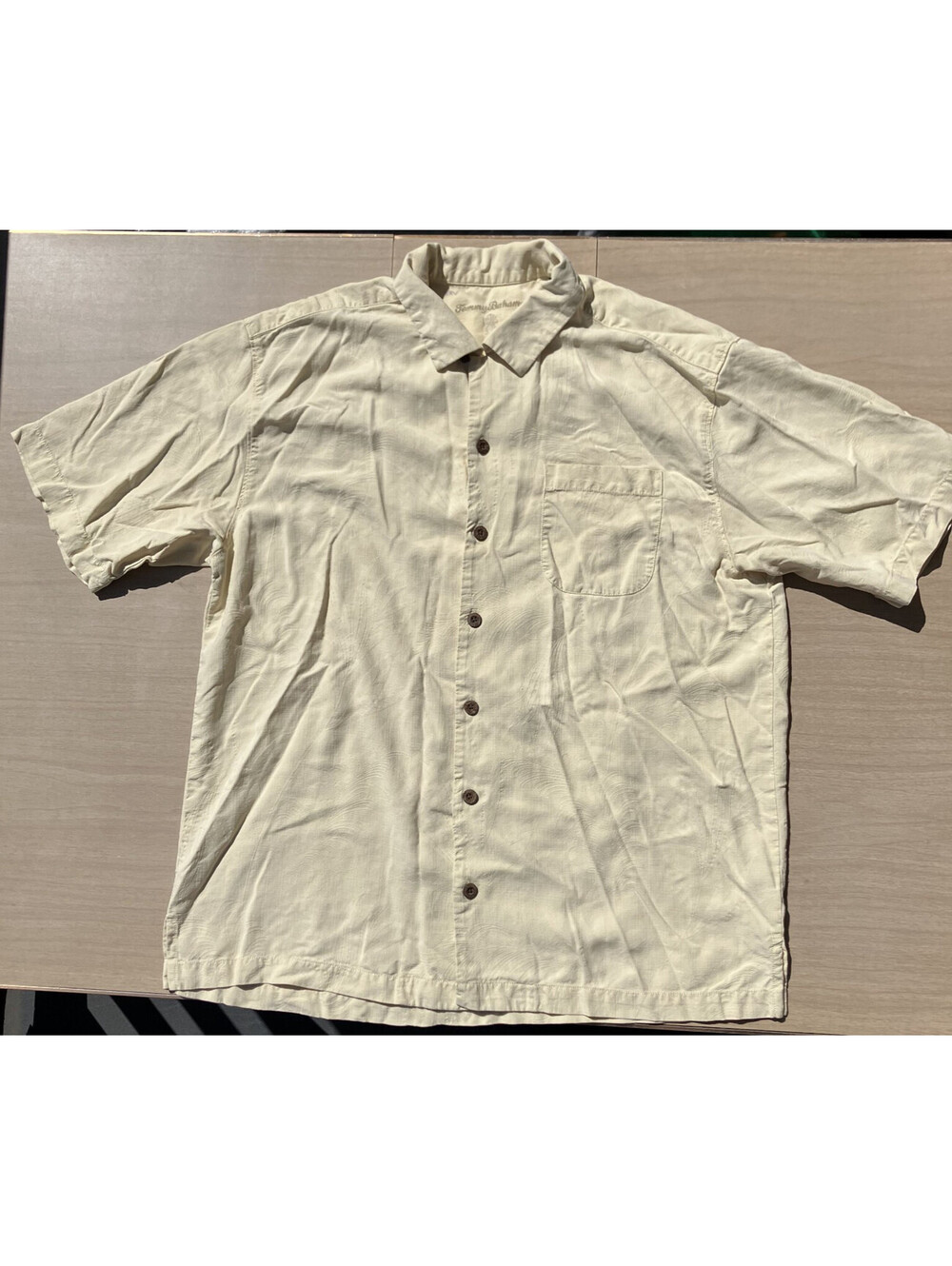 Tommy Bahama Sz L Cream Ivory 100% Silk Palm Jacquard Camp Shirt Hawaiian Golf